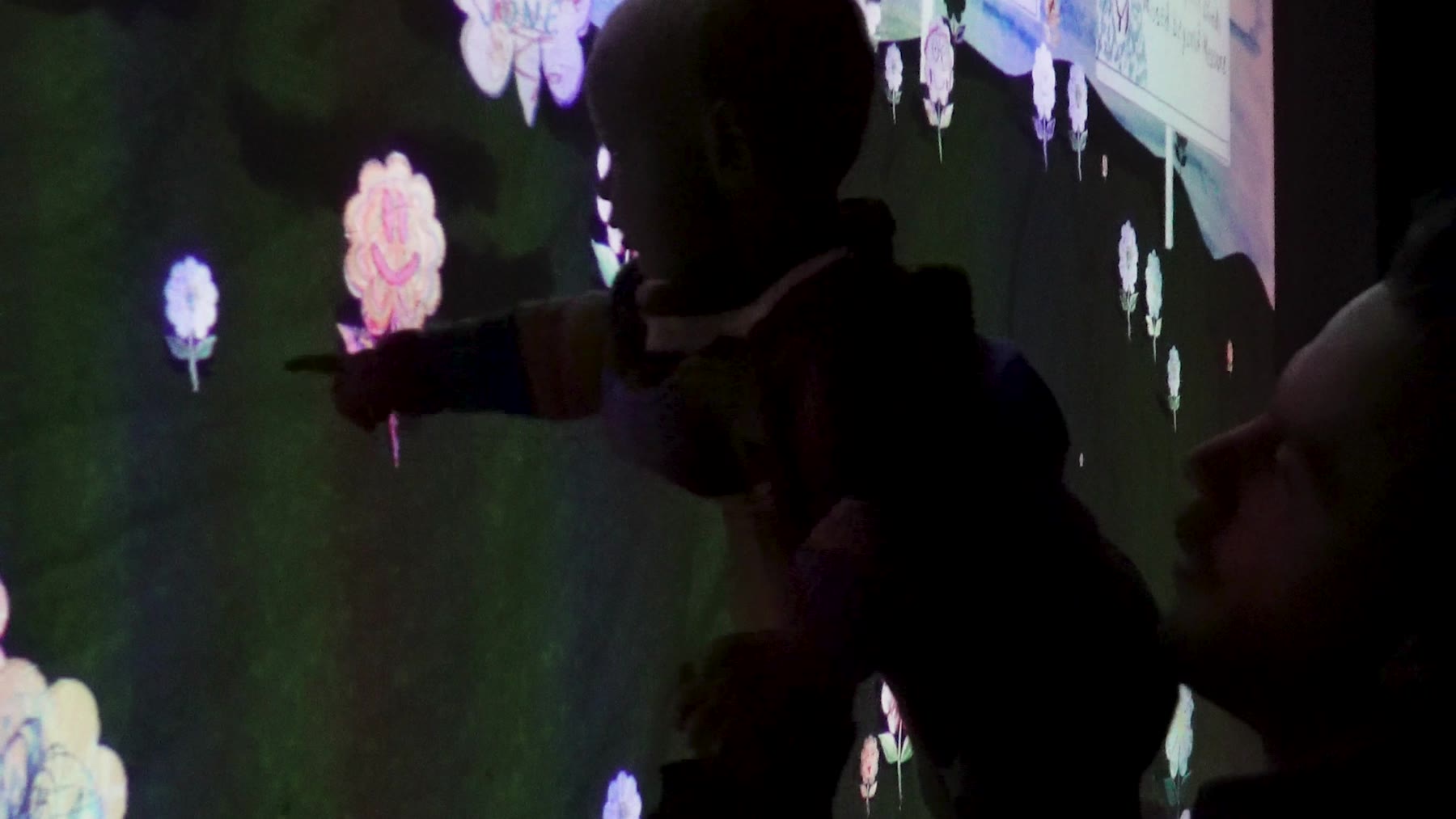 Silhouette of a small child pointing at a white flower on the projection screen, surrounded by other drawn flowers in the dark grass
