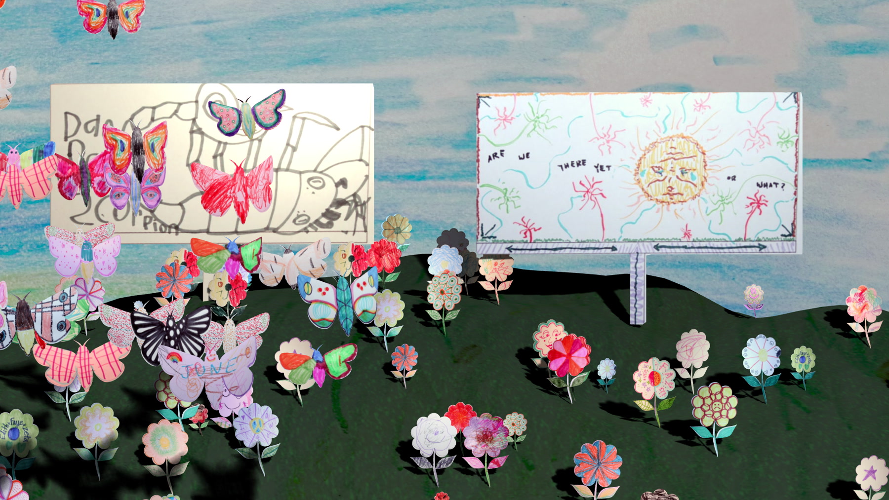 Night close-up of the projection: a cluster of butterflies beneath two billboards reading 'Coming to Wasatch...' against the painted sky