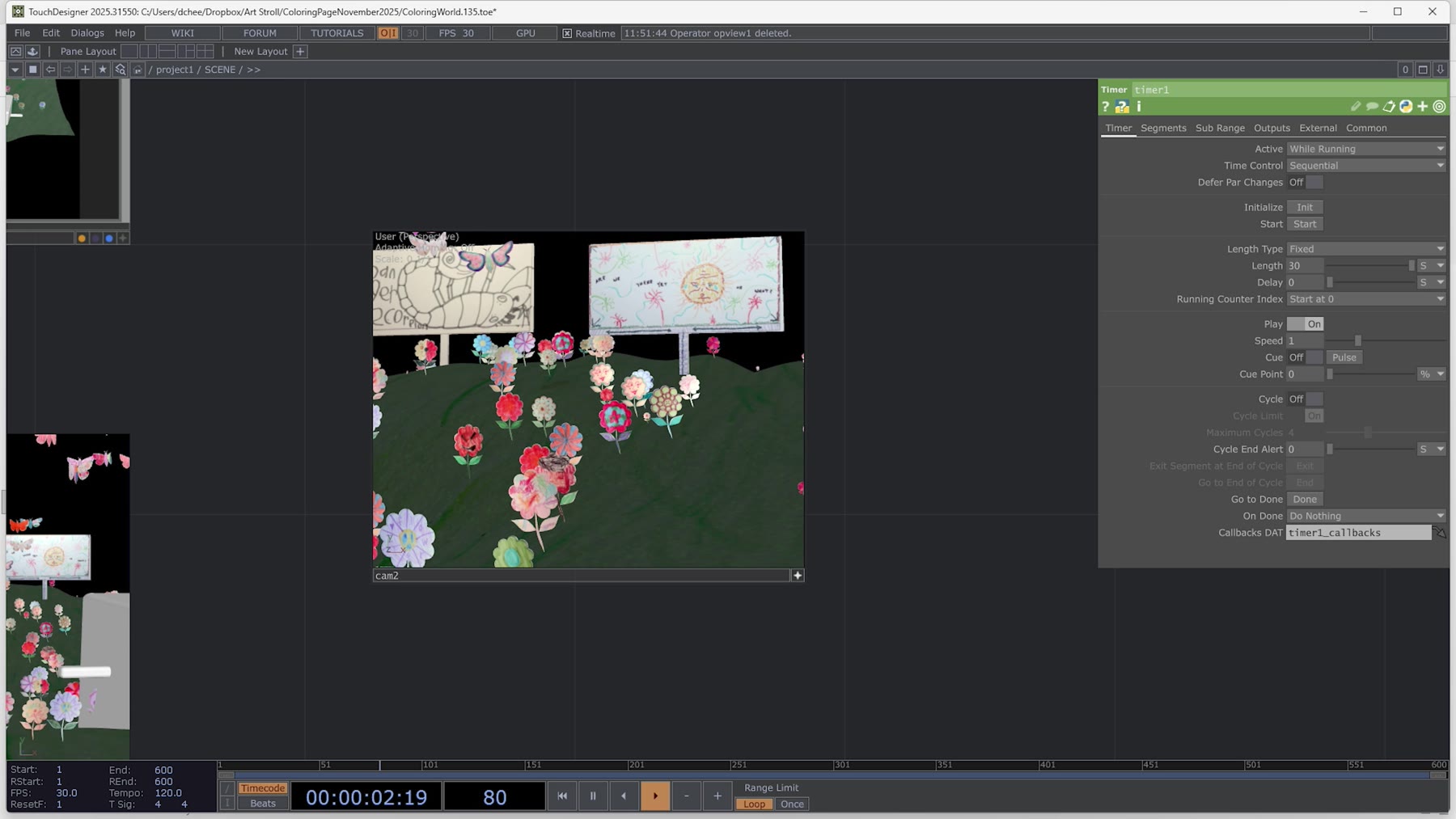 TouchDesigner editor screen with a 3D viewport of scattered flower models, a node network, and a timer/parameter panel open on the right