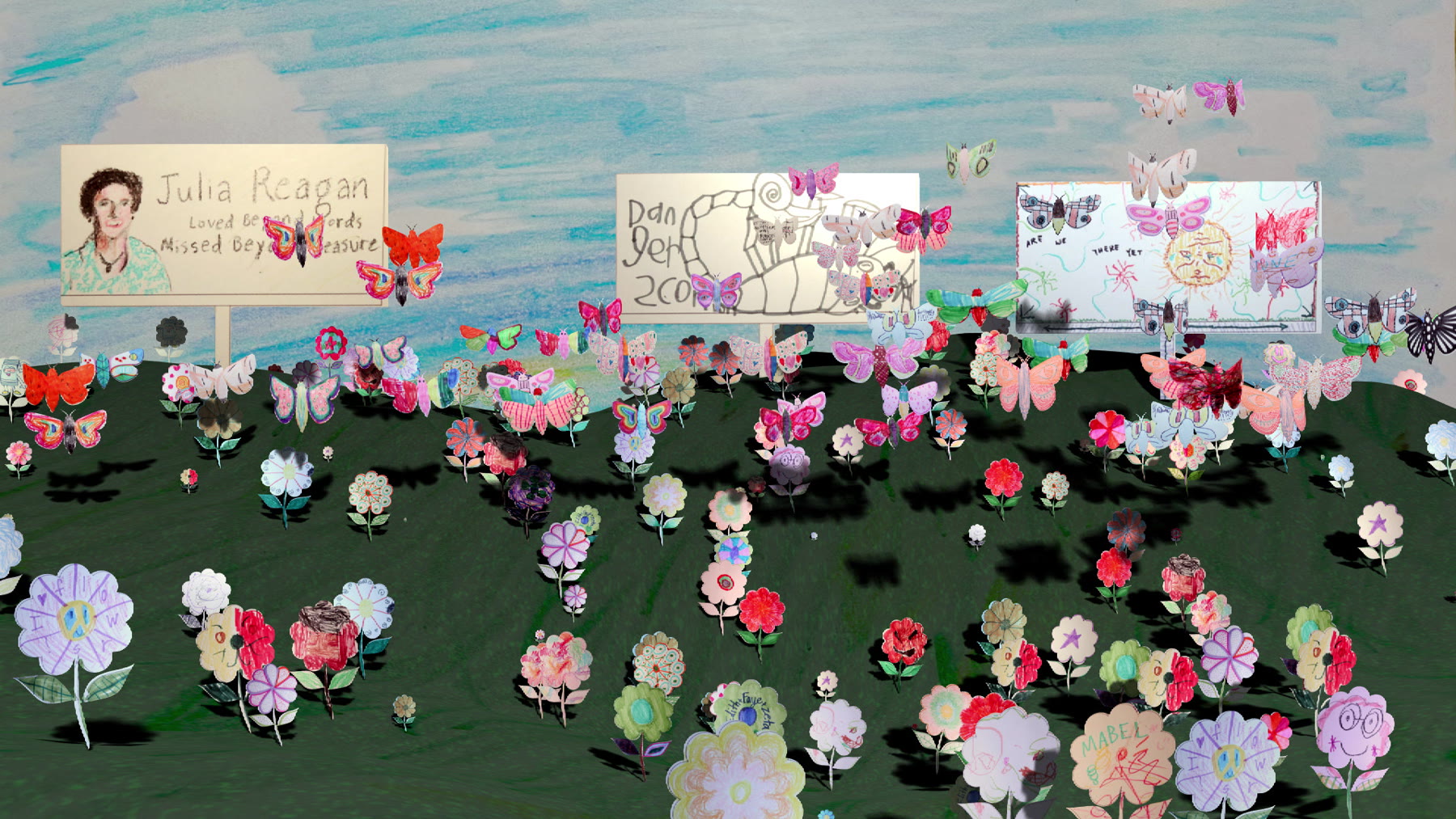 Second wide angle of the clean rendered landscape, dense with flowers and butterflies and three billboards, from a different TouchDesigner movie-out render