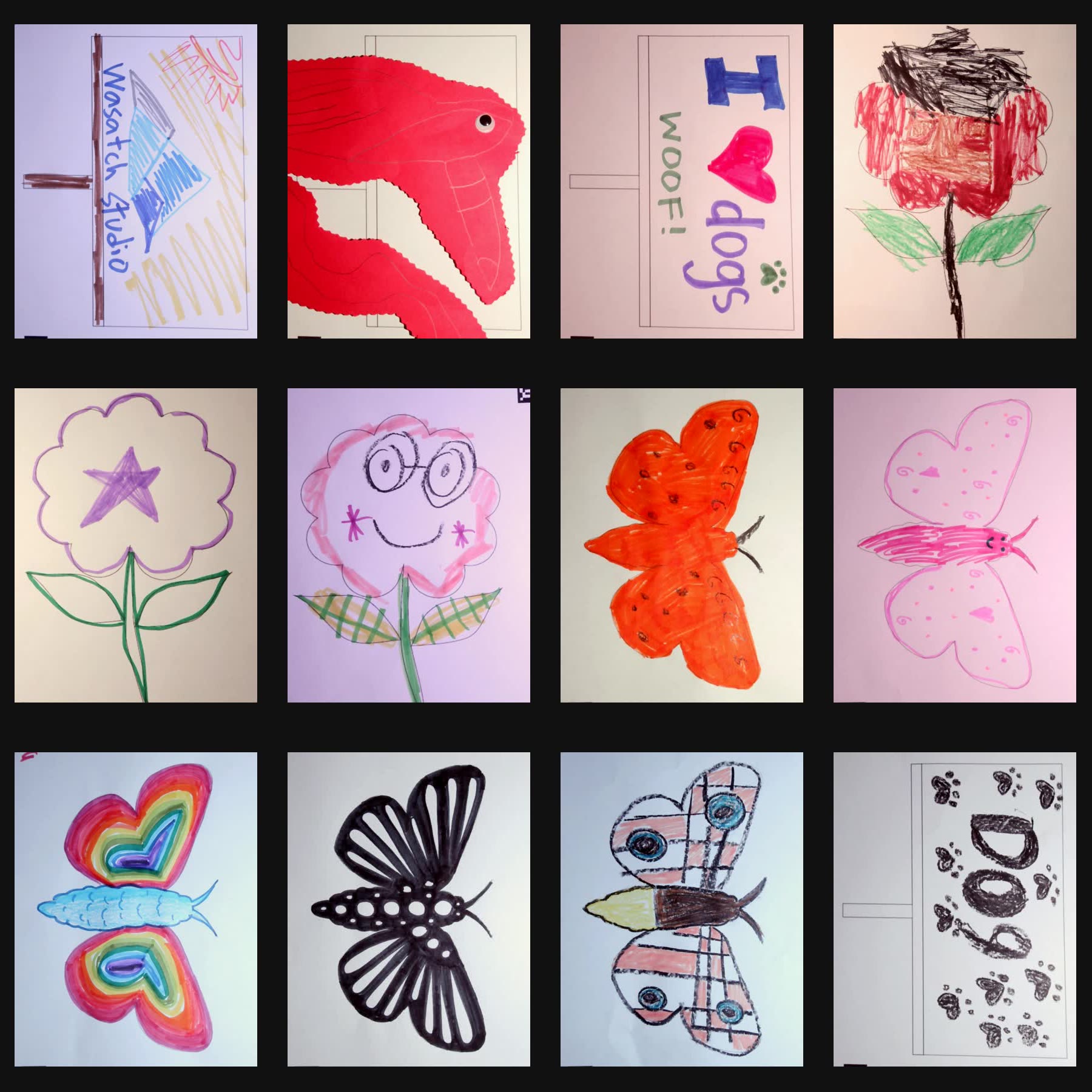 4x3 contact-sheet grid of 12 scanned drawings on a dark background: billboards (mountain logo, red fish, 'I love dogs', paw prints), flowers (mountain logo rose, star flower, glasses-face flower), and butterflies (orange, pink heart-shaped, rainbow, black-and-white polka dot, blue eye-pattern)