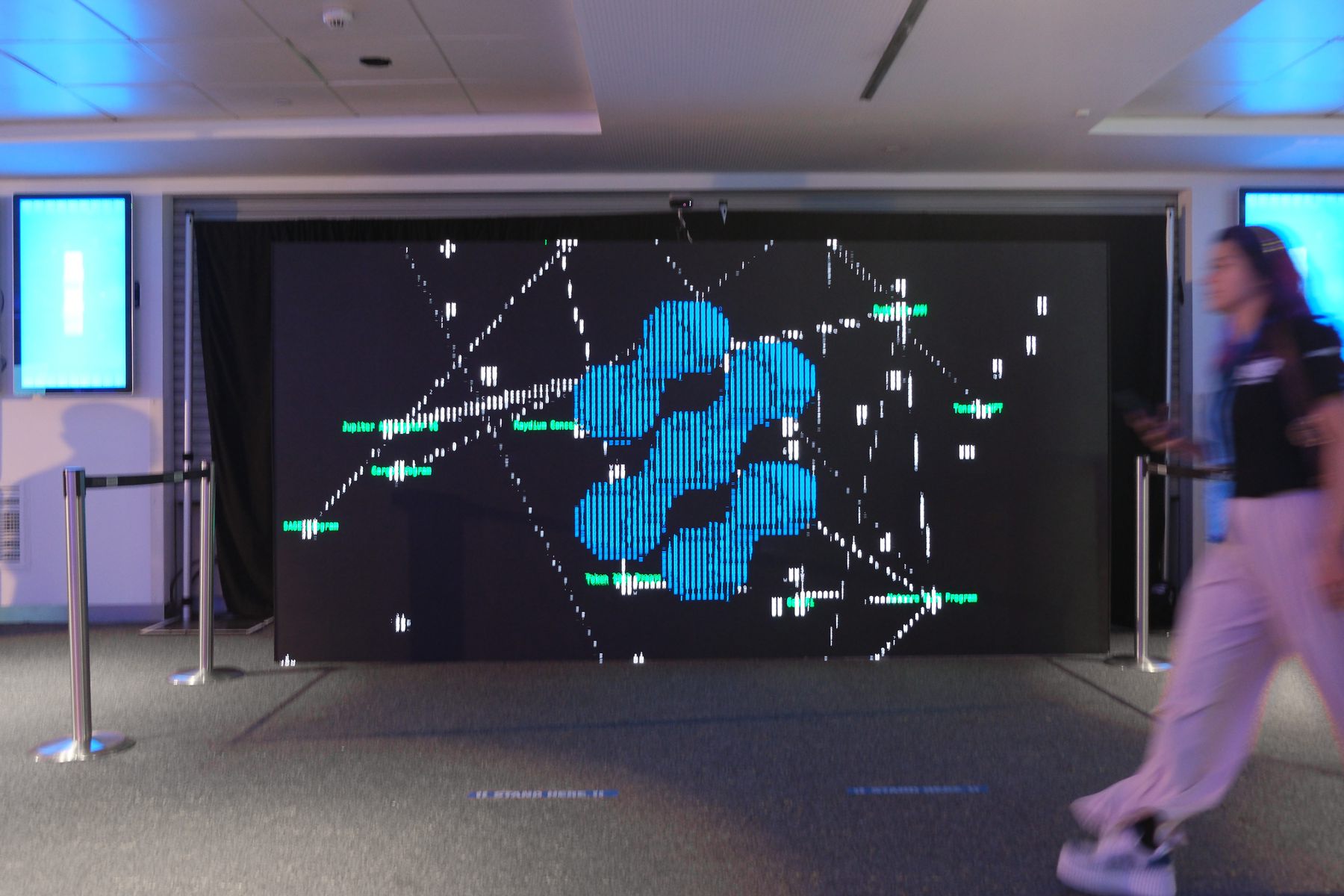 The full 3 by 2 meter wall running the node-and-connection visual, sparse linked points spanning the display as a visitor walks past